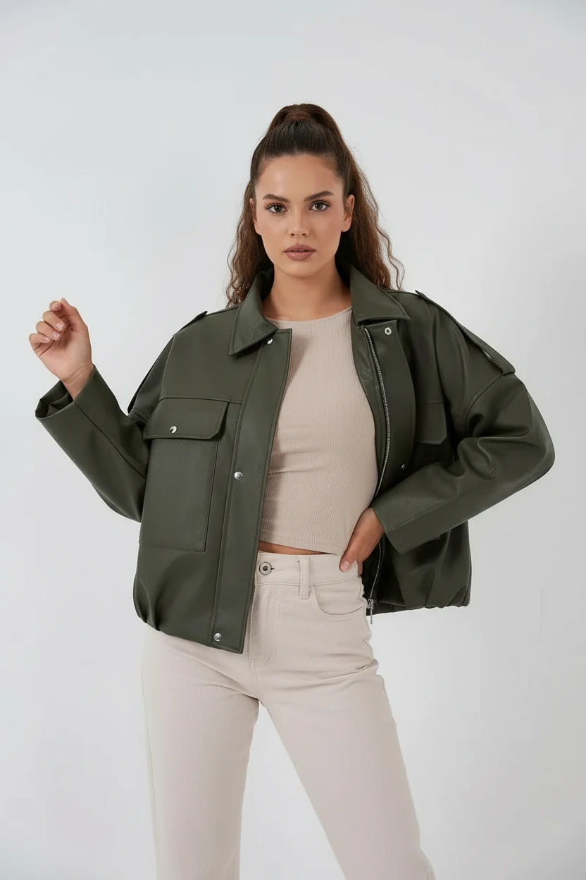 Kadın Klasik Yaka Oversize Deri Görünümlü Haki Ceket