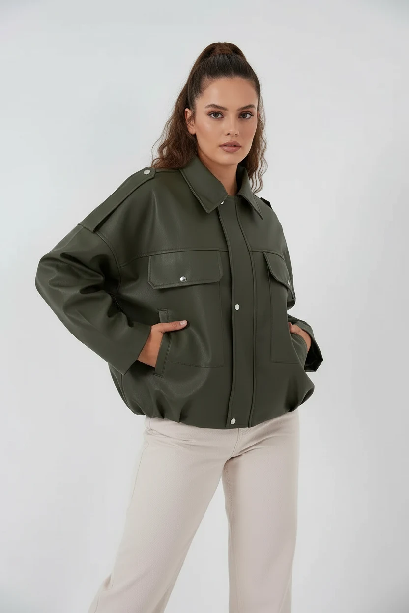 Kadın Klasik Yaka Oversize Deri Görünümlü Haki Ceket