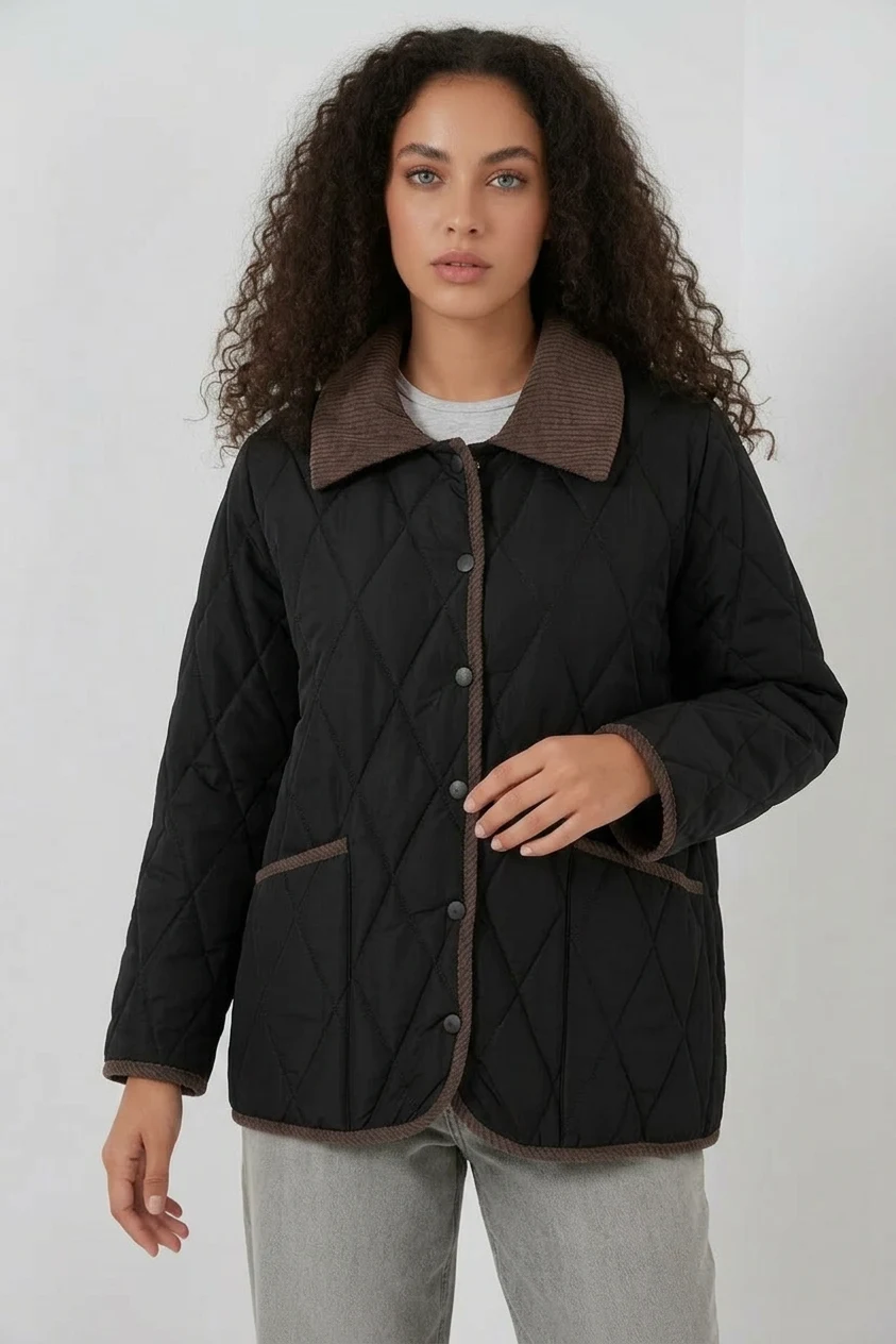 Kadın Klasik Yaka Oversize Kapitone Çift Renk Siyah Mont