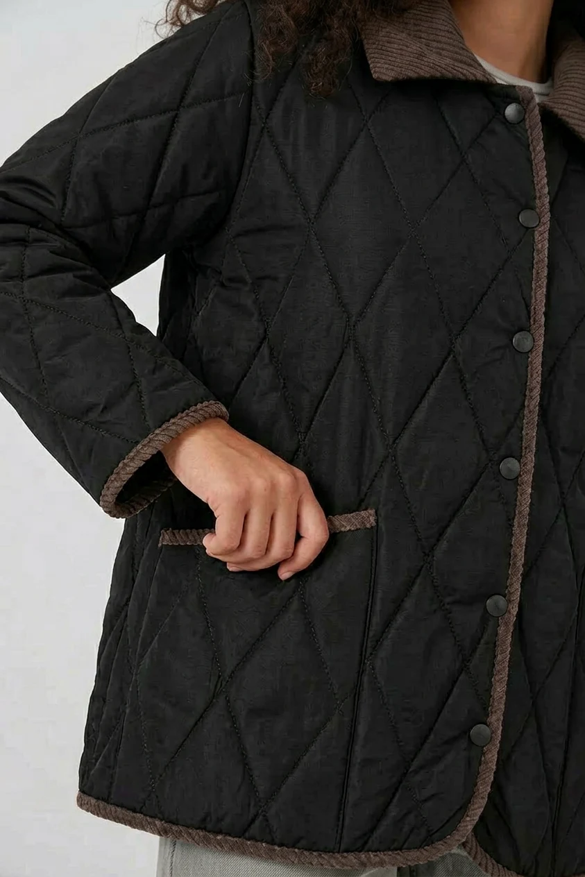 Kadın Klasik Yaka Oversize Kapitone Çift Renk Siyah Mont
