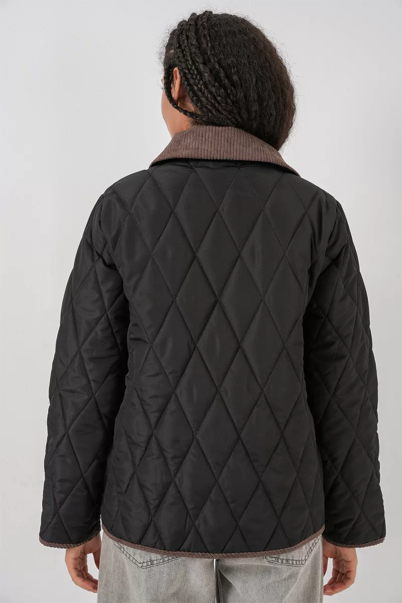 Kadın Klasik Yaka Oversize Kapitone Çift Renk Siyah Mont