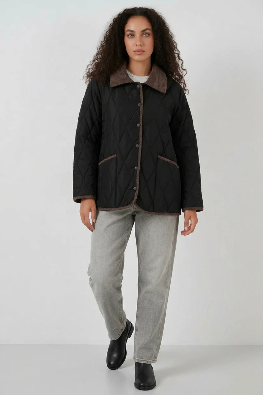 Kadın Klasik Yaka Oversize Kapitone Çift Renk Siyah Mont
