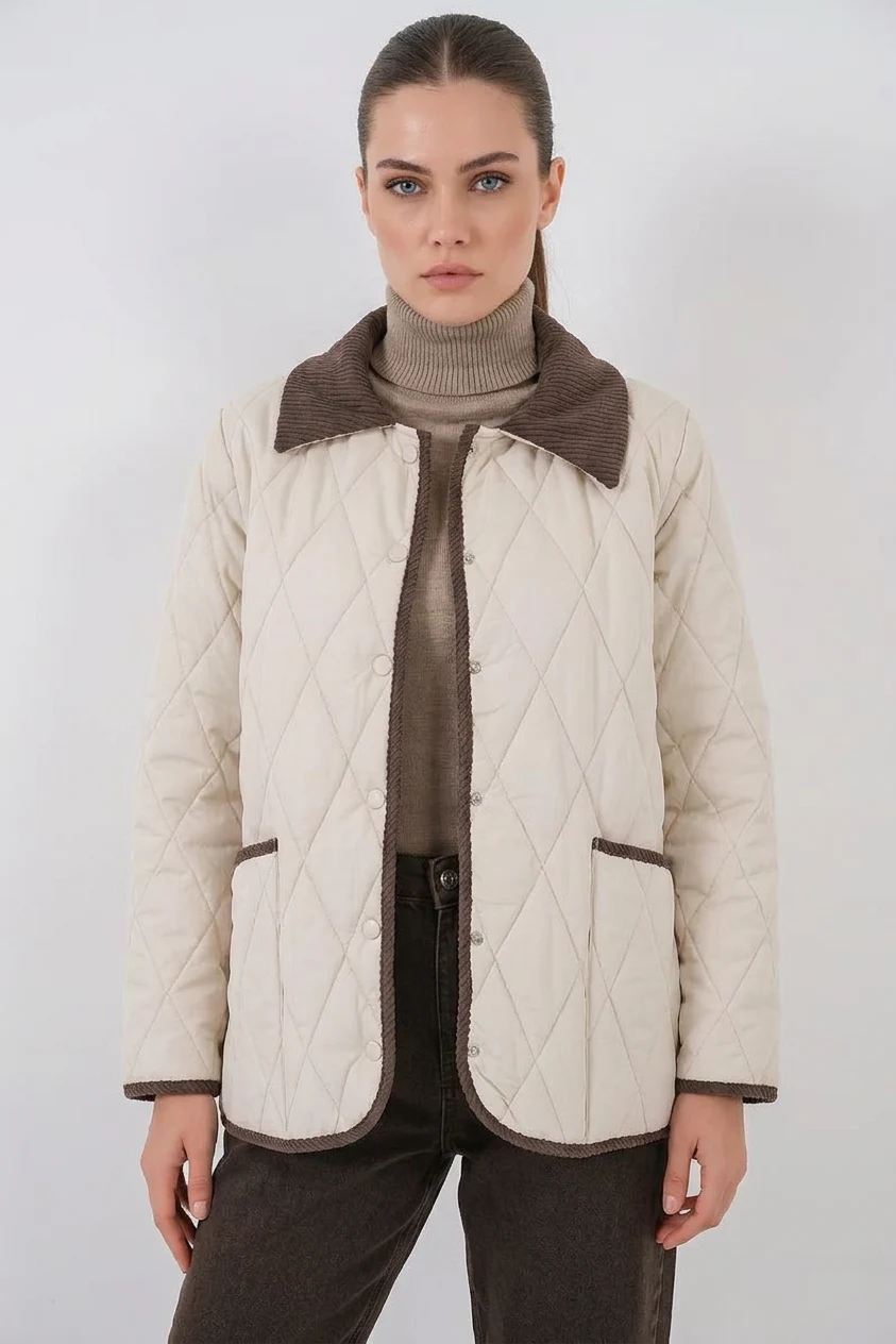 Kadın Gömlek Yaka Oversize Kapitone Çift Renk Ekru Kahve Mont