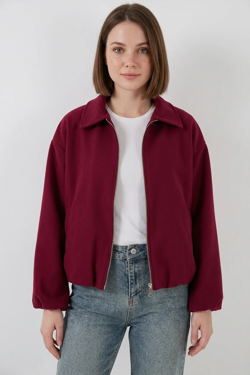Kadın Gömlek Yaka Büzgülü Oversize Pamuklu Bordo Ceket