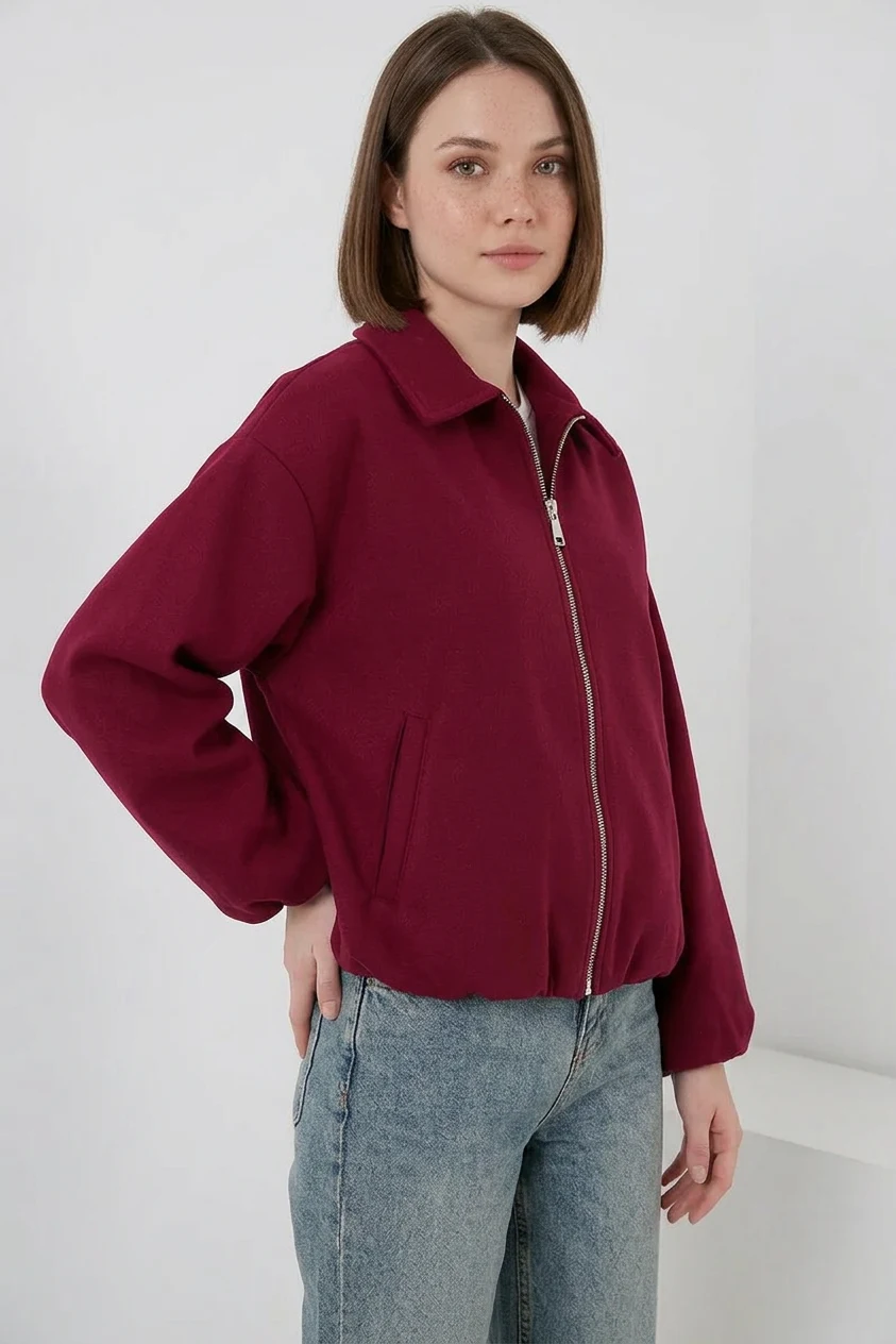 Kadın Gömlek Yaka Büzgülü Oversize Pamuklu Bordo Ceket