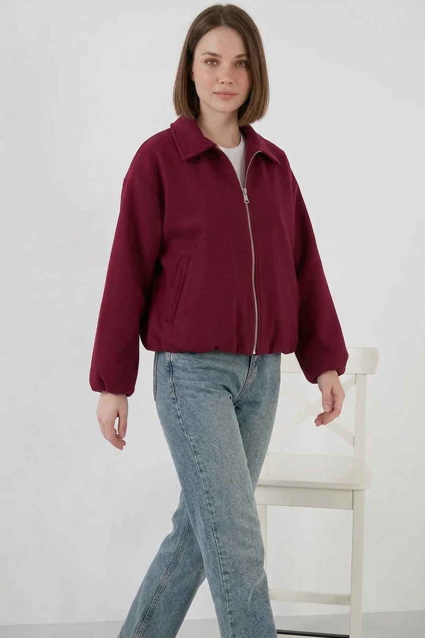 Kadın Gömlek Yaka Büzgülü Oversize Pamuklu Bordo Ceket