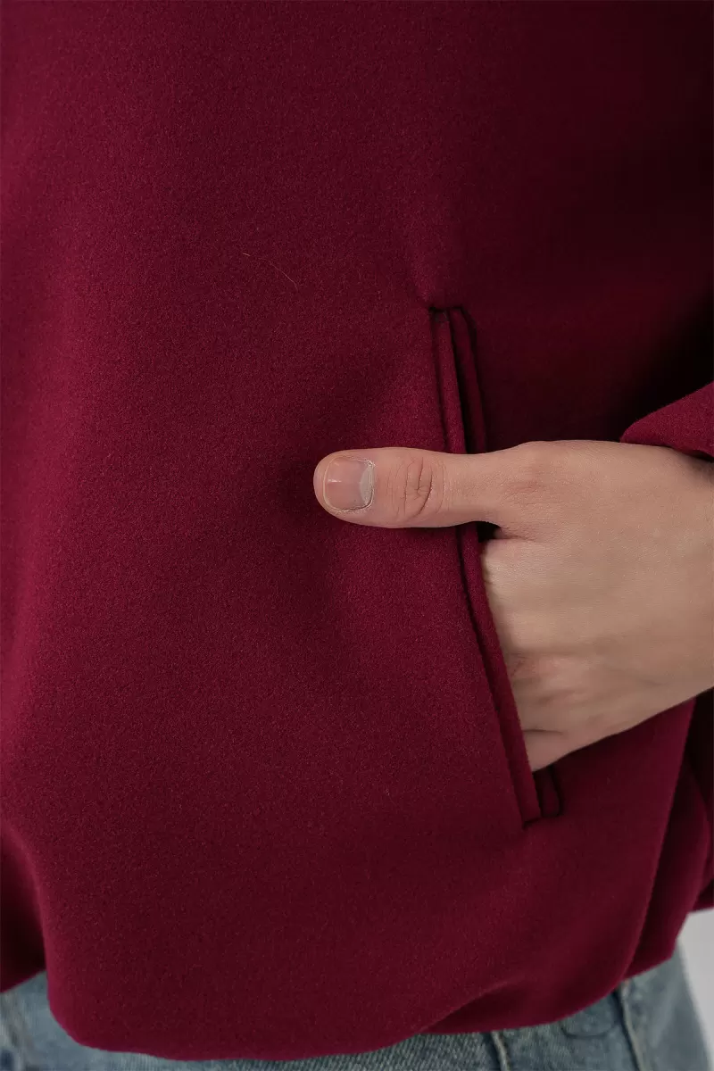 Kadın Gömlek Yaka Büzgülü Oversize Pamuklu Bordo Ceket