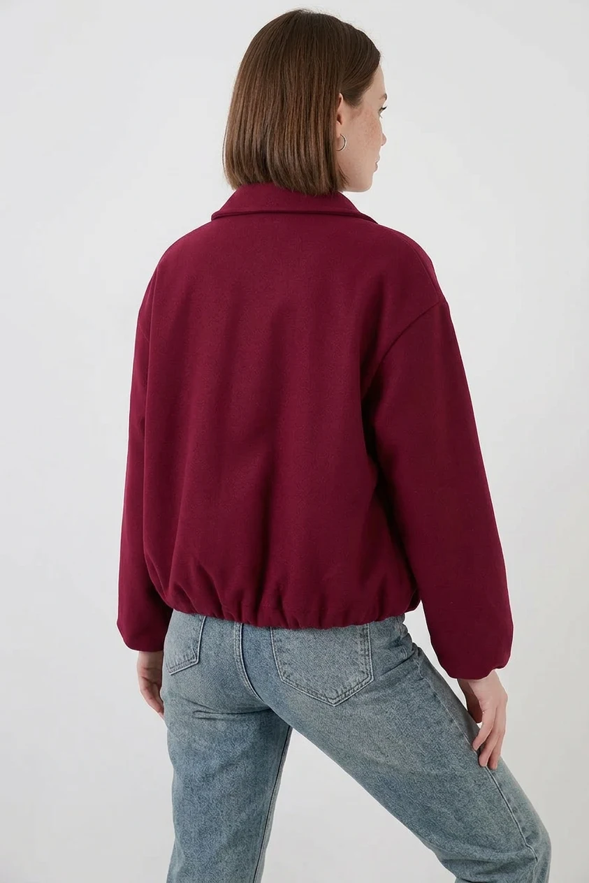 Kadın Gömlek Yaka Büzgülü Oversize Pamuklu Bordo Ceket