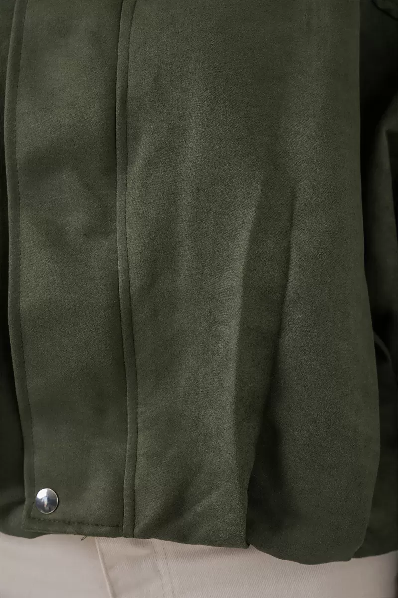 Kadın Klasik Yaka Oversize Kesim Omuz Detaylı Haki Ceket