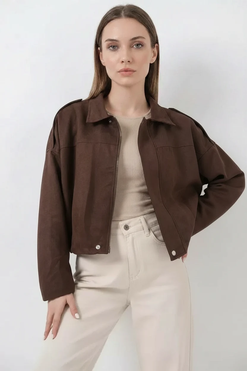 Kadın Klasik Yaka Oversize Kahverengi Ceket