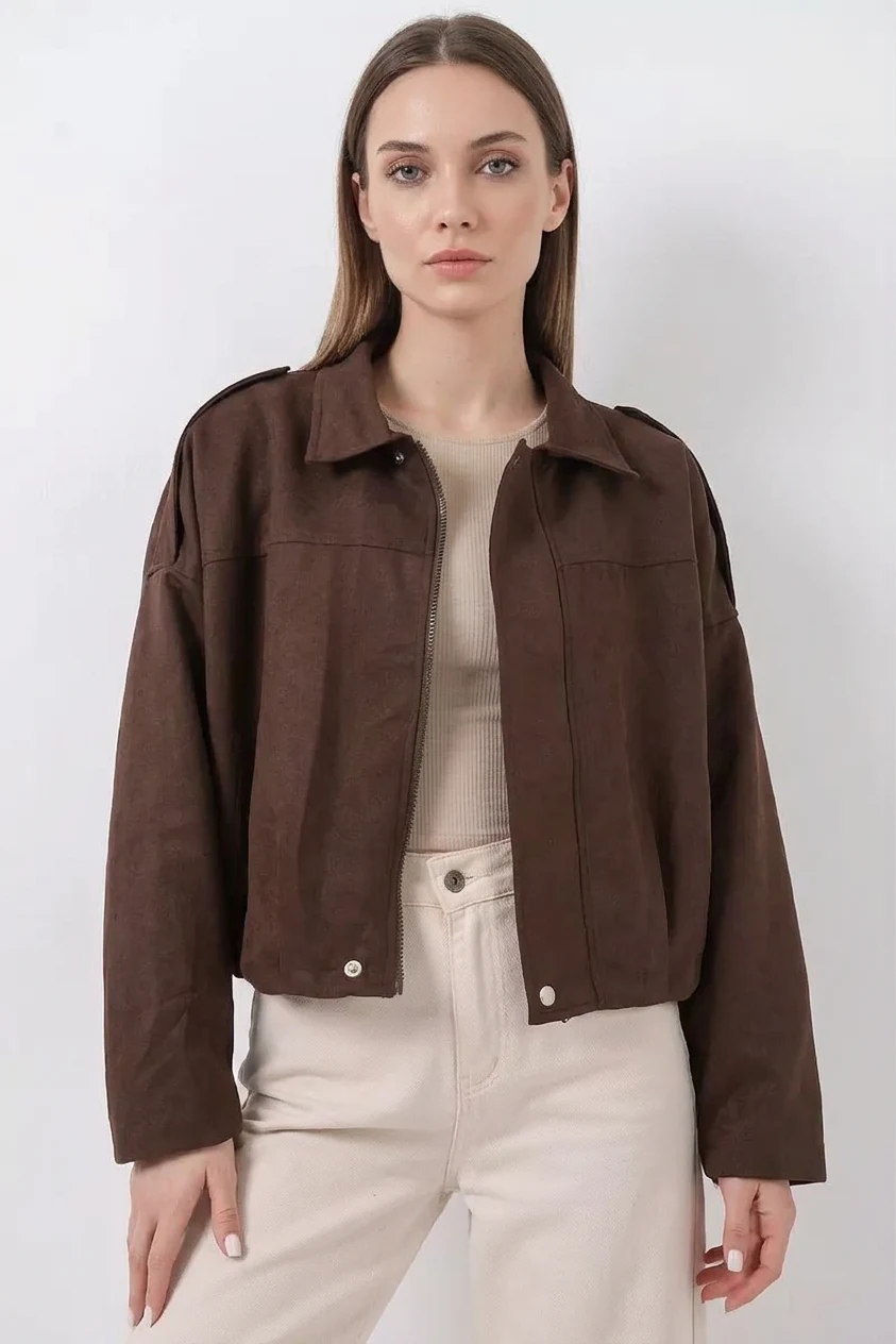 Kadın Klasik Yaka Oversize Kahverengi Ceket