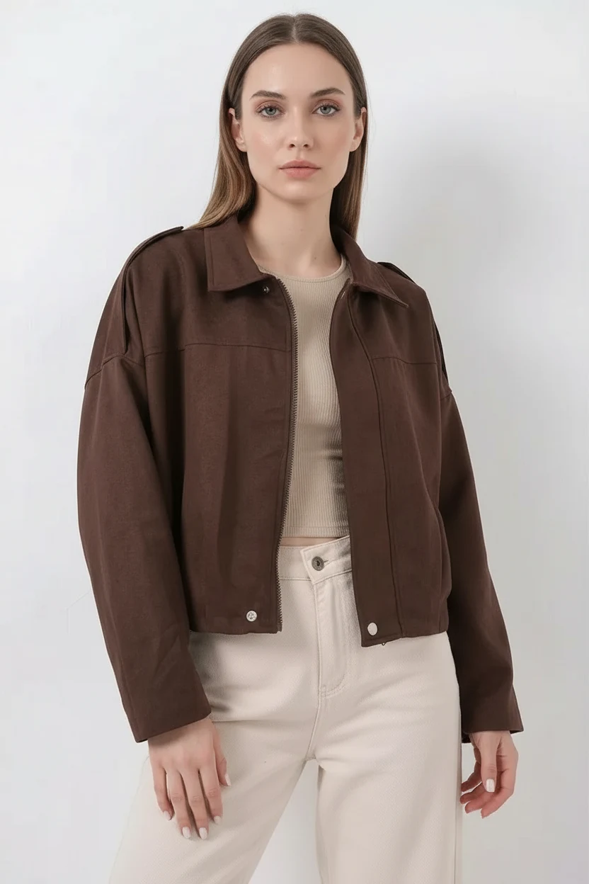 Kadın Klasik Yaka Oversize Kahverengi Ceket