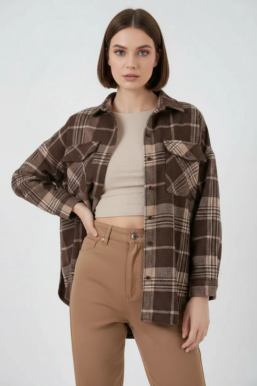 Kadın Oversize Ekose Desenli Pamuklu Kahverengi Gömlek