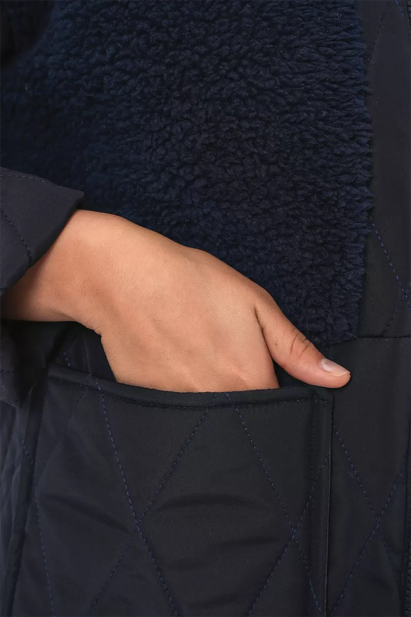 Kadın Yüksek Yaka Kapitone Peluş Detaylı Oversize Lacivert Mont
