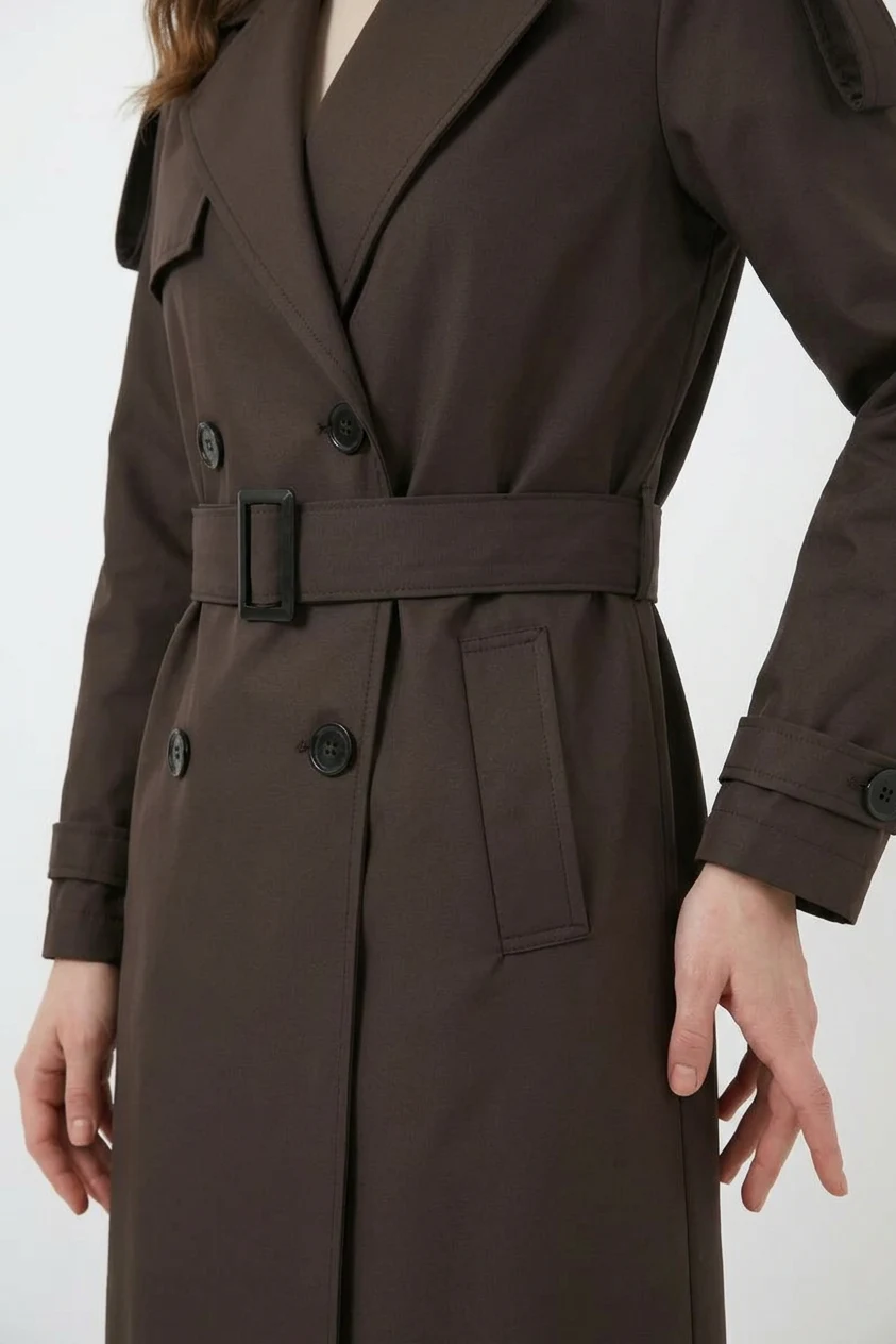 Kadın Kruvaze Yaka Kuşaklı Kahverengi Trençkot