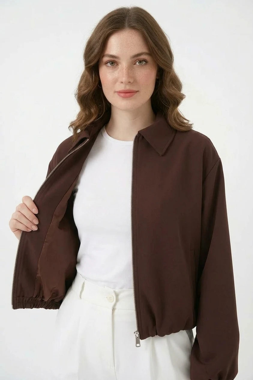 Kadın Gömlek Yaka Beli Büzgülü Fermuarlı Oversize Kahverengi Ceket