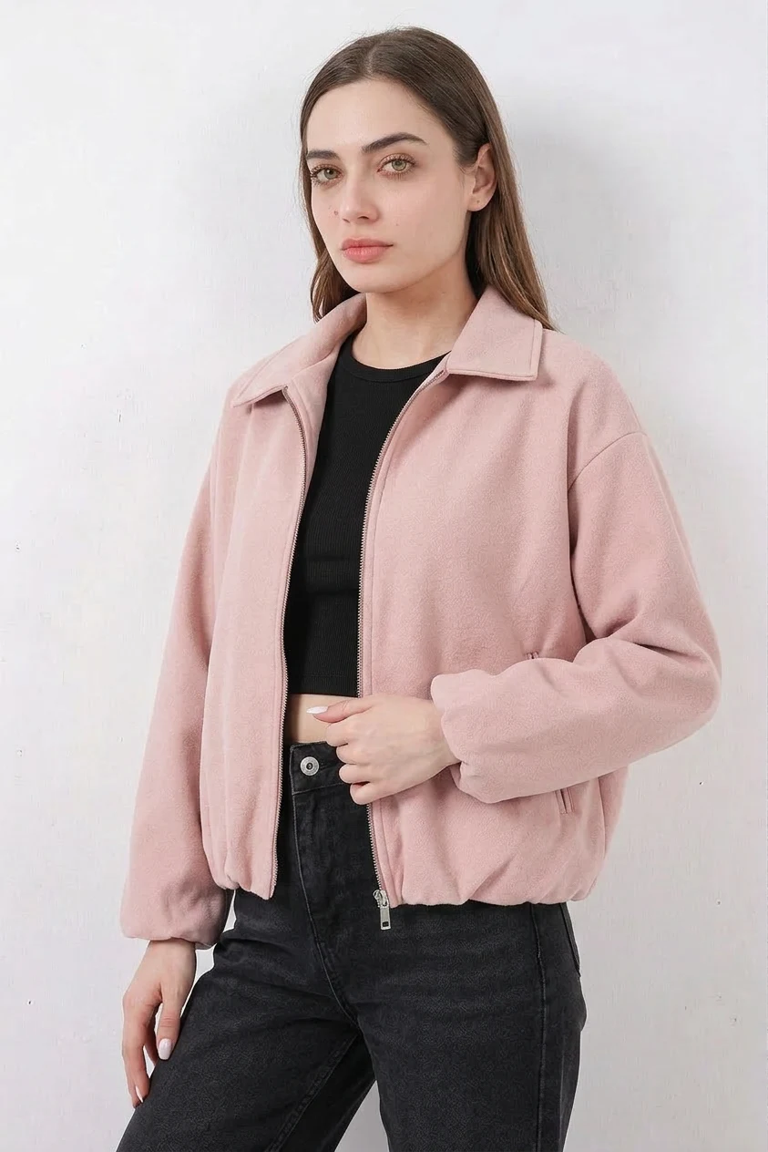 Kadın Gömlek Yaka Büzgülü Oversize Pamuklu Pudra Ceket