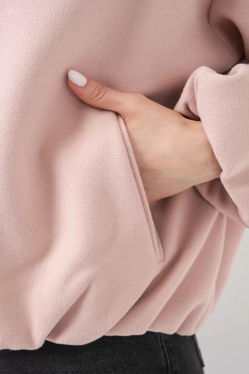 Kadın Gömlek Yaka Büzgülü Oversize Pamuklu Pudra Ceket