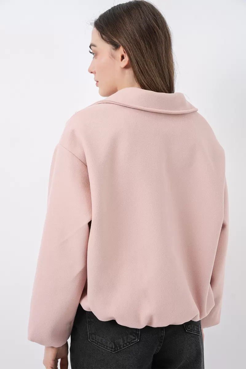Kadın Gömlek Yaka Büzgülü Oversize Pamuklu Pudra Ceket