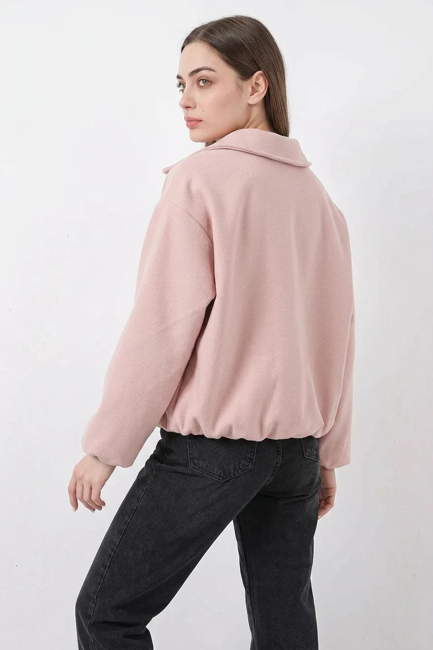 Kadın Gömlek Yaka Büzgülü Oversize Pamuklu Pudra Ceket