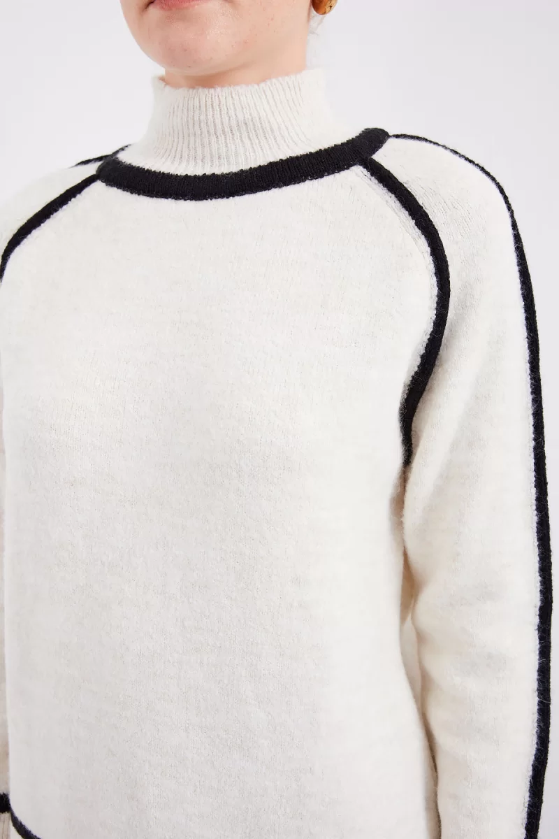 Kadın Balıkçı Yaka Oversize Çizgili Triko Ekru Kazak