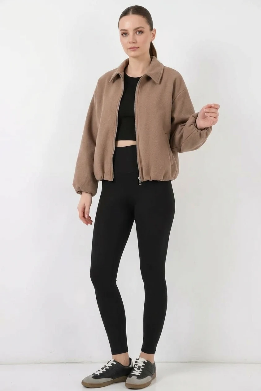 Kadın Gömlek Yaka Büzgülü Oversize Kesim Pamuklu Bisküvi Ceket