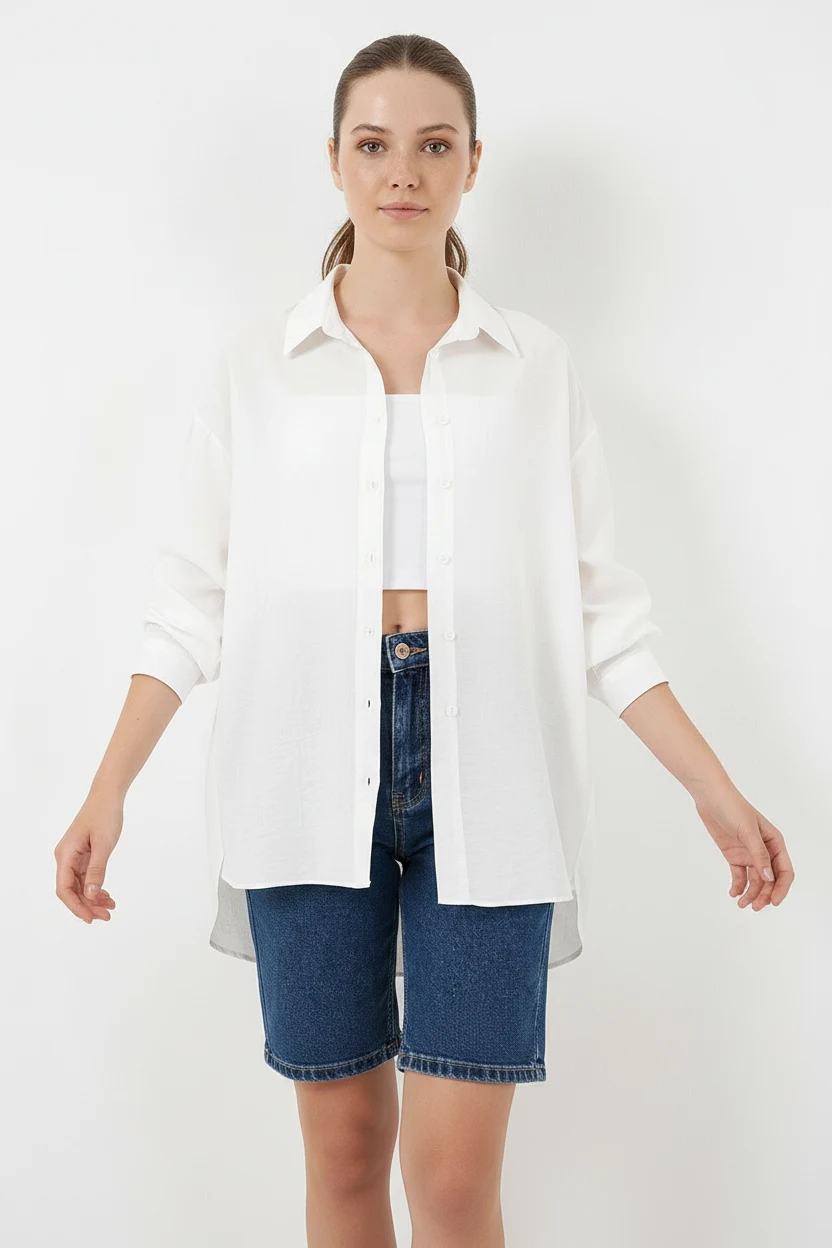 Kadın Oversize Kesim Pamuklu Beyaz Gömlek
