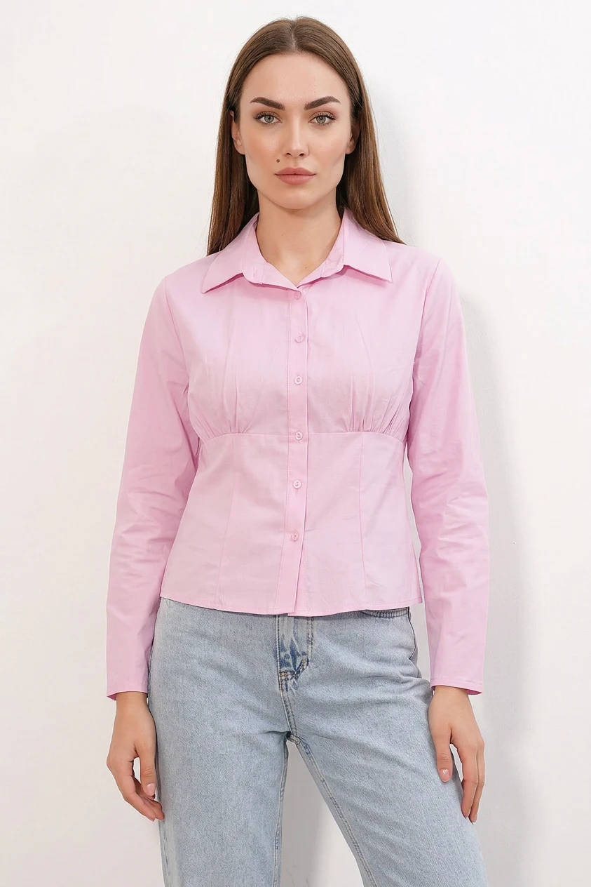 Kadın Belden Oturtmalı Pembe Gömlek