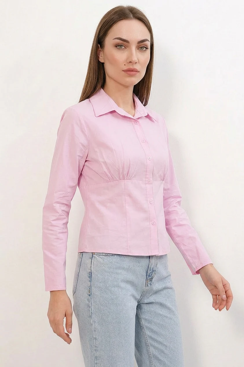 Kadın Belden Oturtmalı Pembe Gömlek