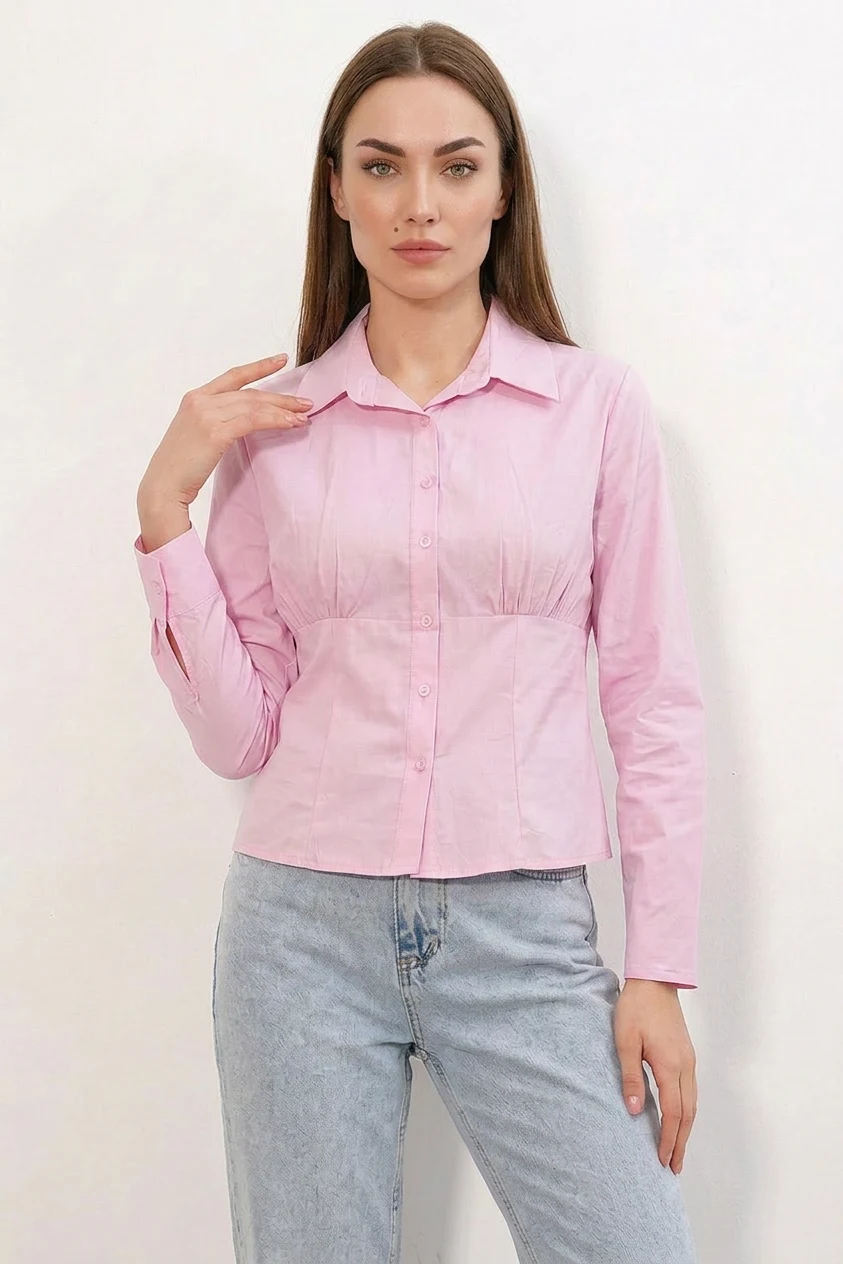 Kadın Belden Oturtmalı Pembe Gömlek
