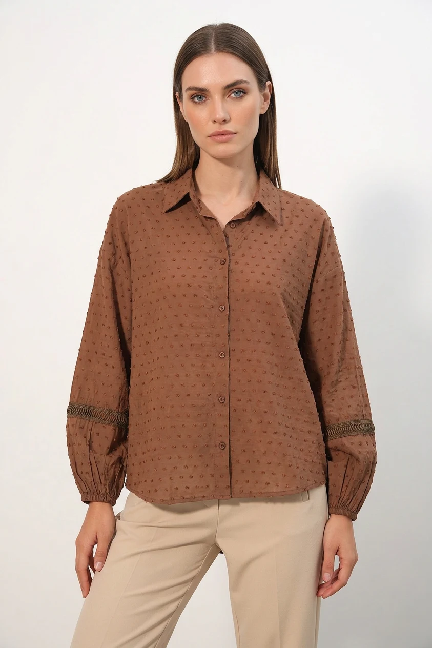 Kadın Oversize Fisto Desenli Taba Gömlek