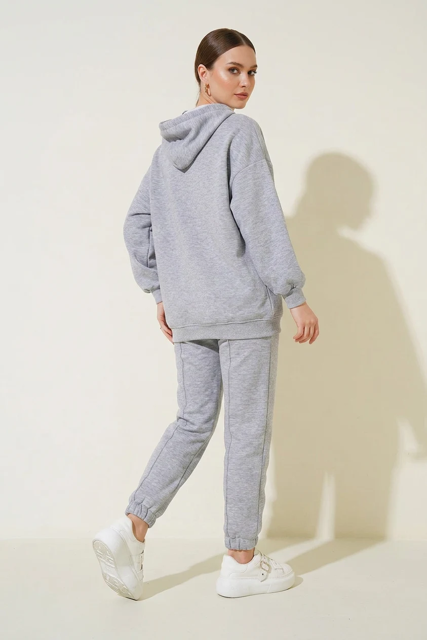 Kadın Kapüşonlu Beli Lastikli Oversize Gri Eşofman Takımı