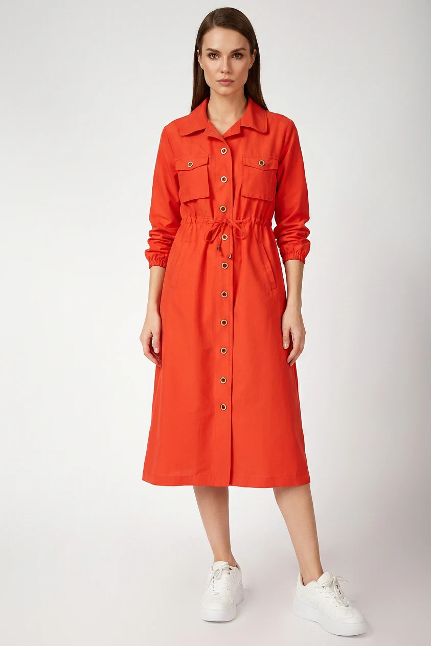Kadın Gömlek Yaka Beli Büzgülü Önden Düğmeli Nar Tesettür Trenchcoat