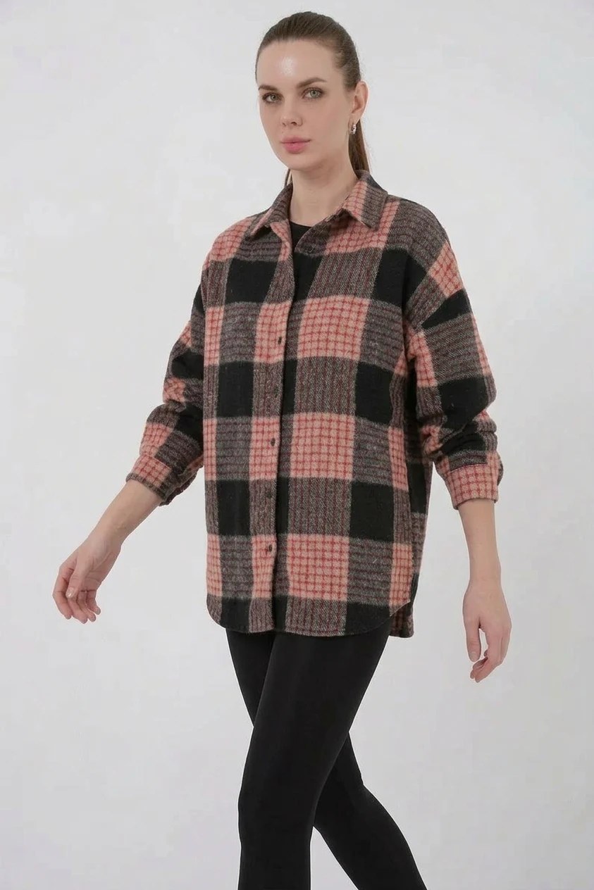Kadın Oversize Ekose Desenli Pamuklu A.Pudra Gömlek