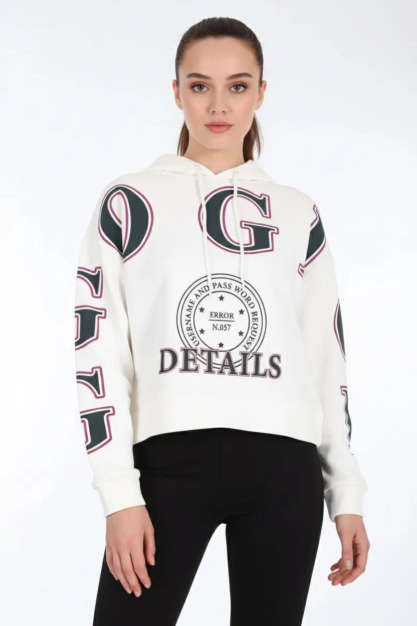 Kadın Kapüşonlu Baskılı Pamuklu Beyaz Sweatshirt
