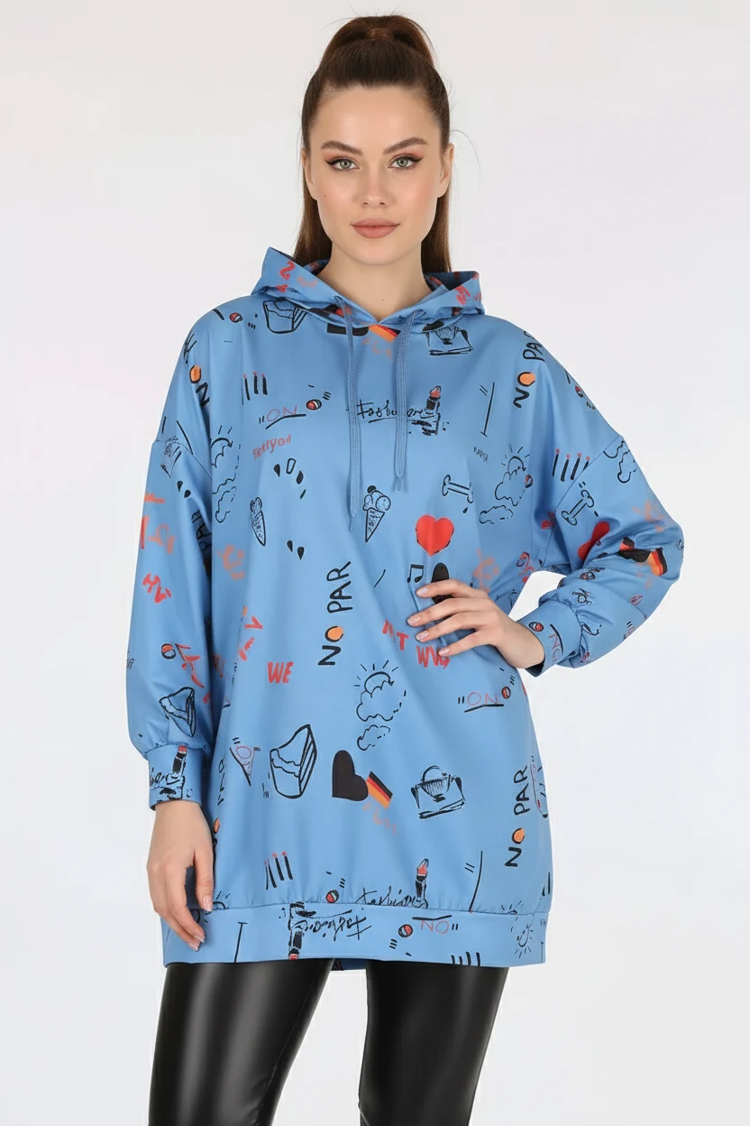 Kadın Sıfır Yaka Oversize Kapüşonlu Grafik Desenli Pamuklu İndigo Sweatshirt