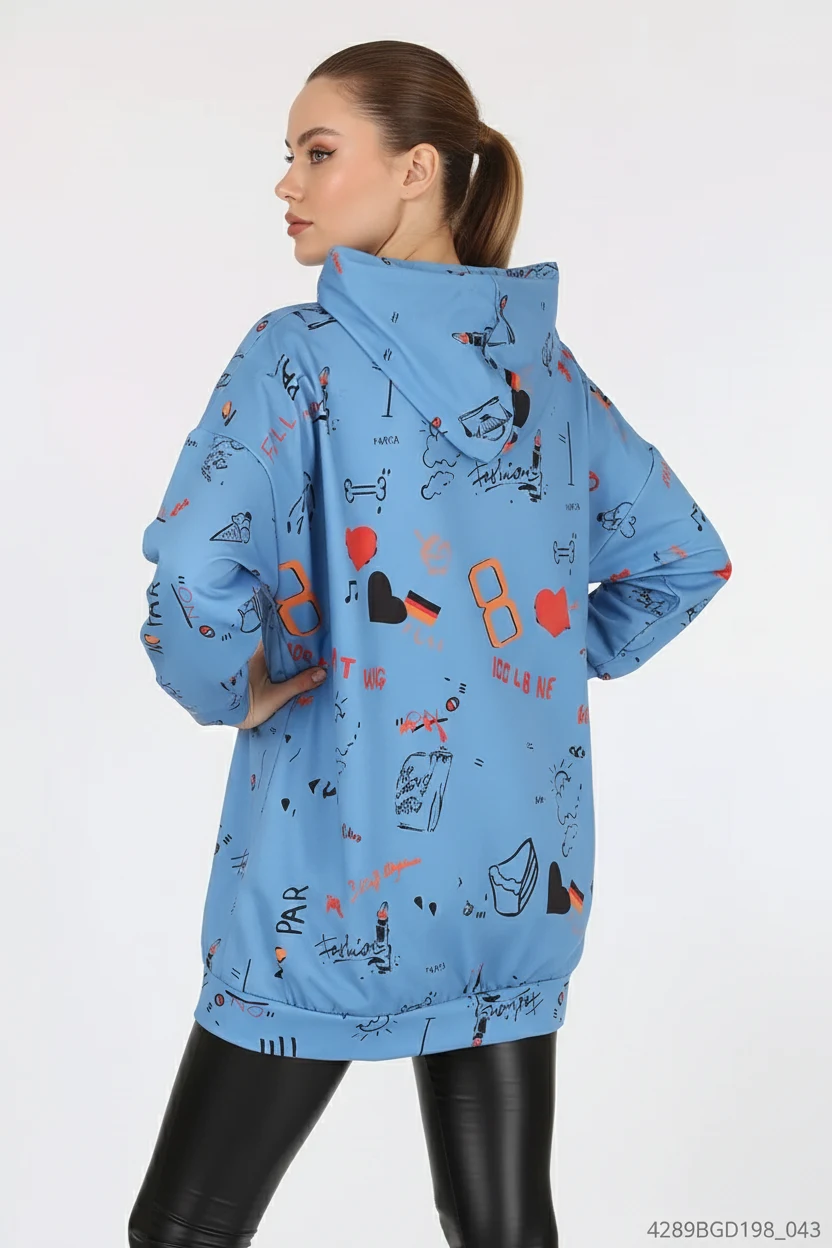 Kadın Sıfır Yaka Oversize Kapüşonlu Grafik Desenli Pamuklu İndigo Sweatshirt