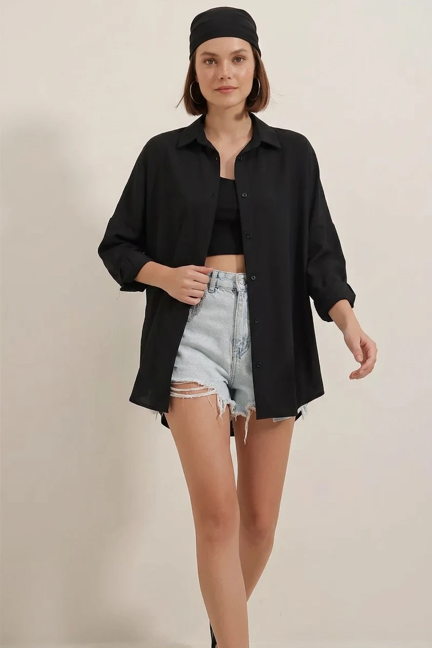 Kadın Oversize Basic Pamuklu Siyah Gömlek