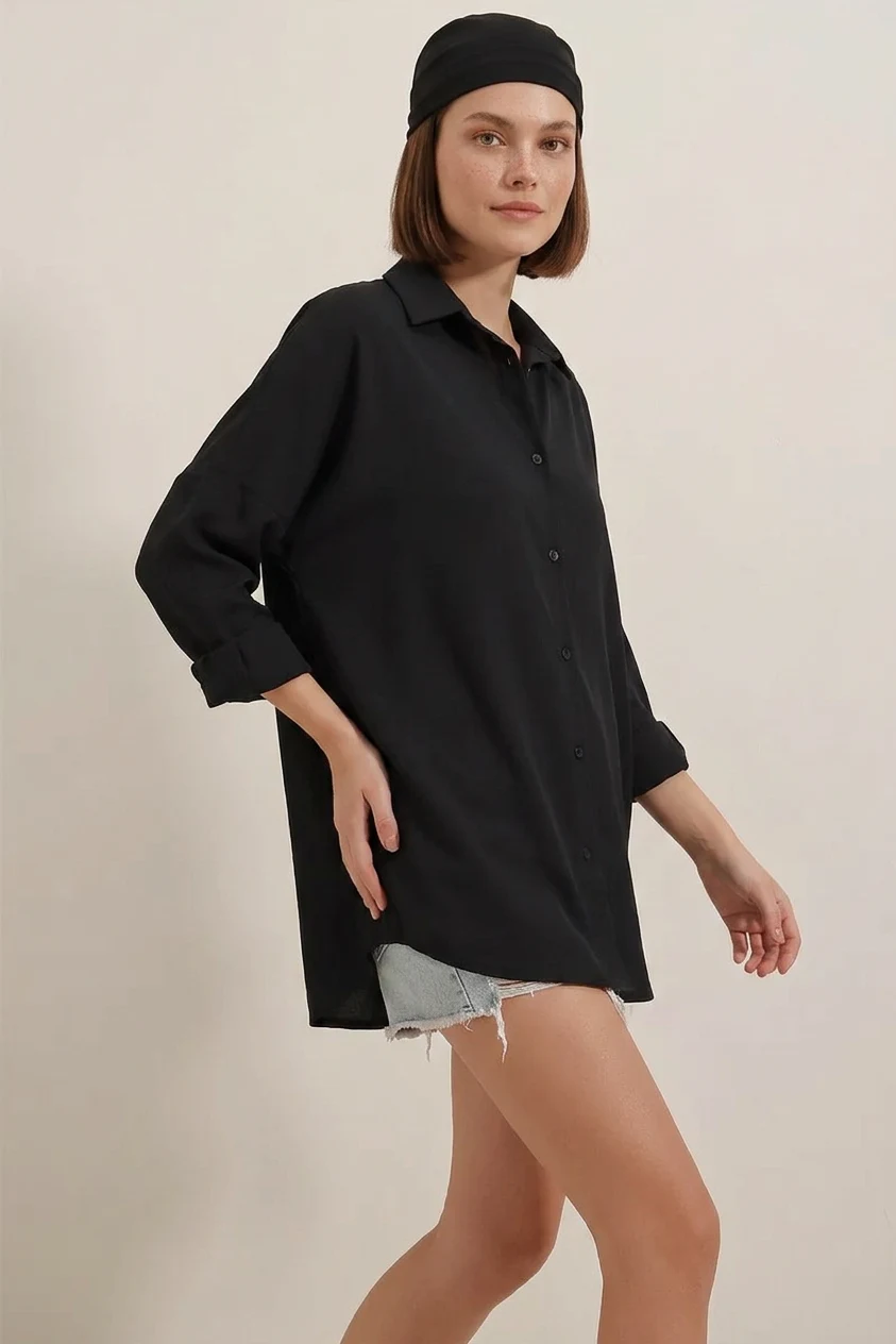 Kadın Oversize Basic Pamuklu Siyah Gömlek
