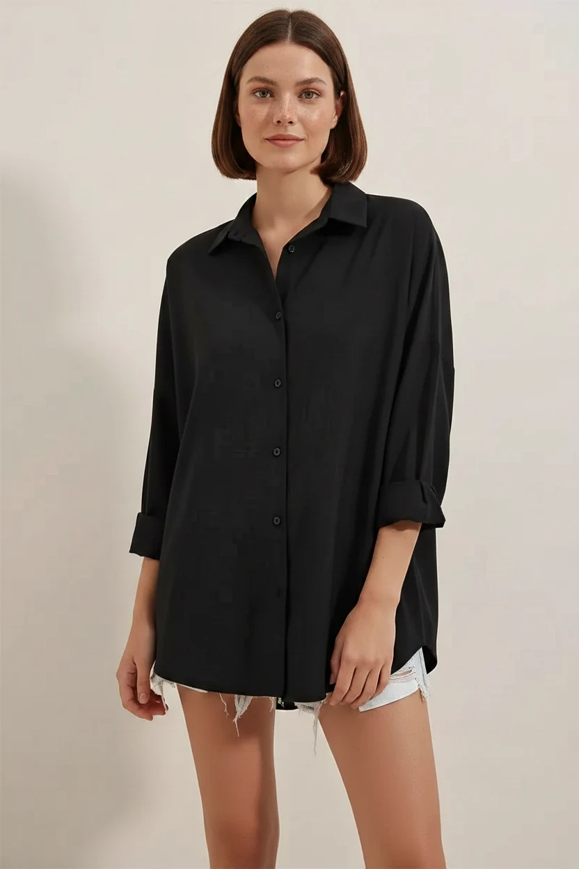 Kadın Oversize Basic Pamuklu Siyah Gömlek