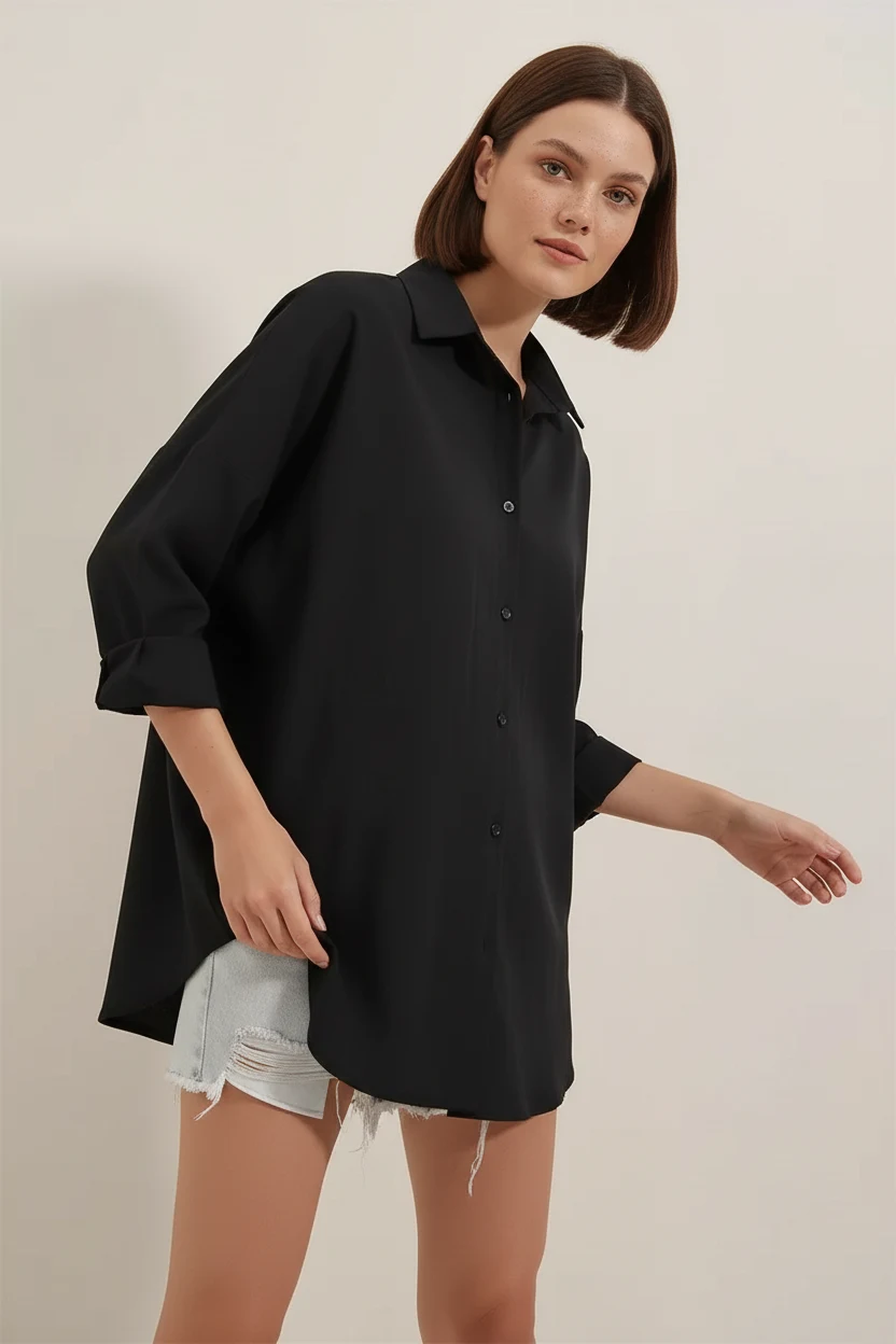 Kadın Oversize Basic Pamuklu Siyah Gömlek