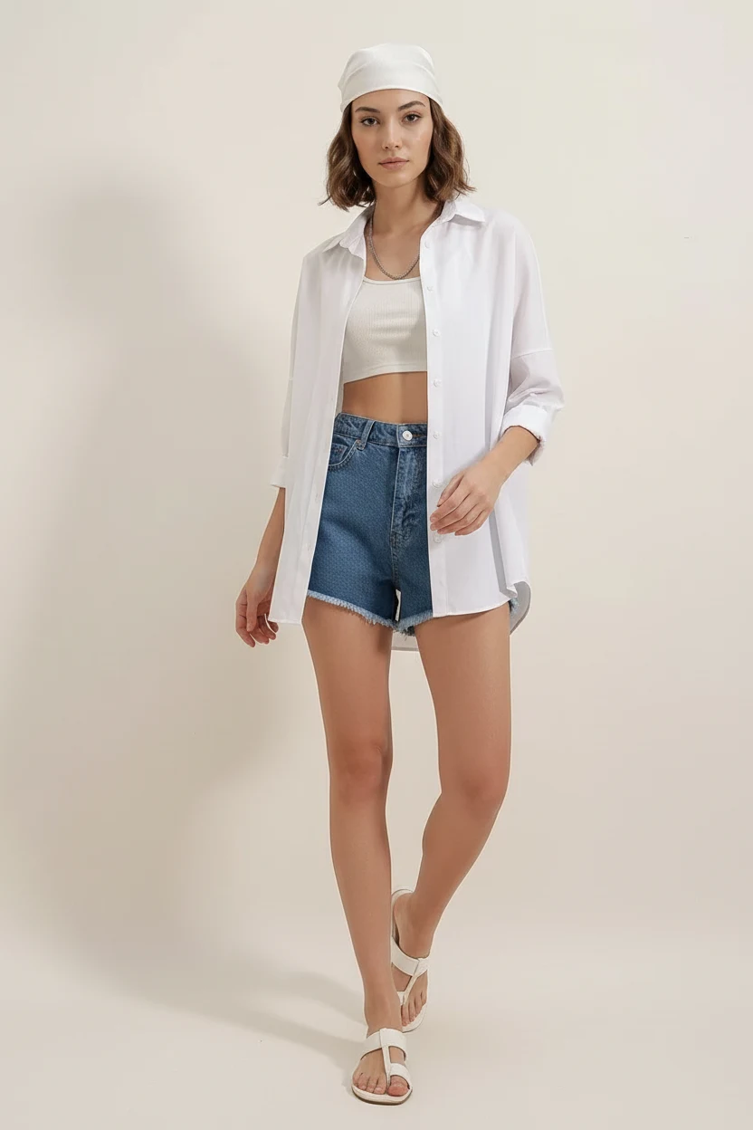 Kadın Oversize Basic Pamuklu Beyaz Gömlek