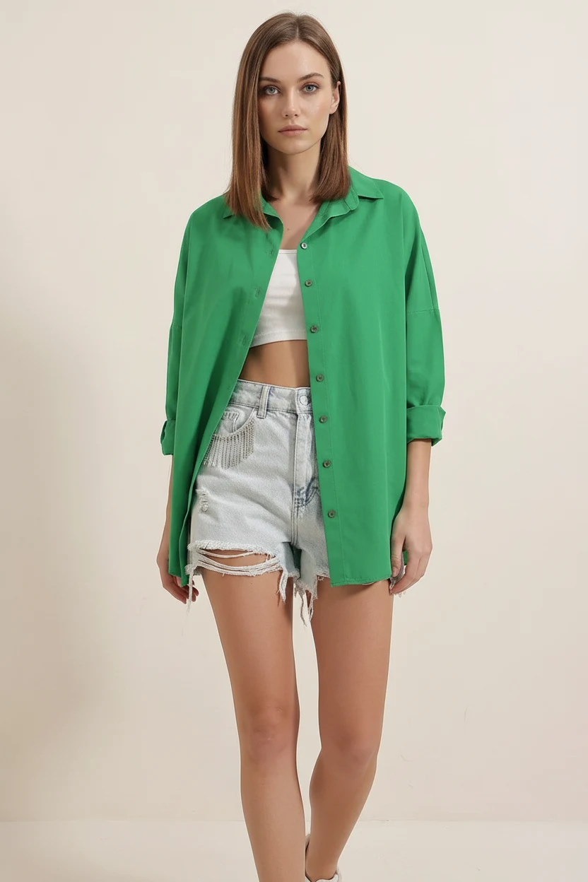 Kadın Oversize Kesim Basic Pamuklu Yeşil Gömlek