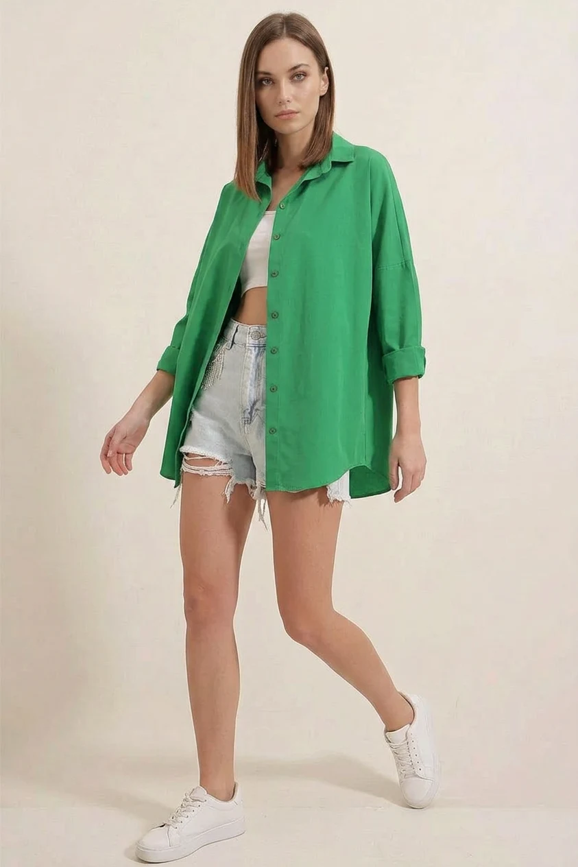 Kadın Oversize Kesim Basic Pamuklu Yeşil Gömlek