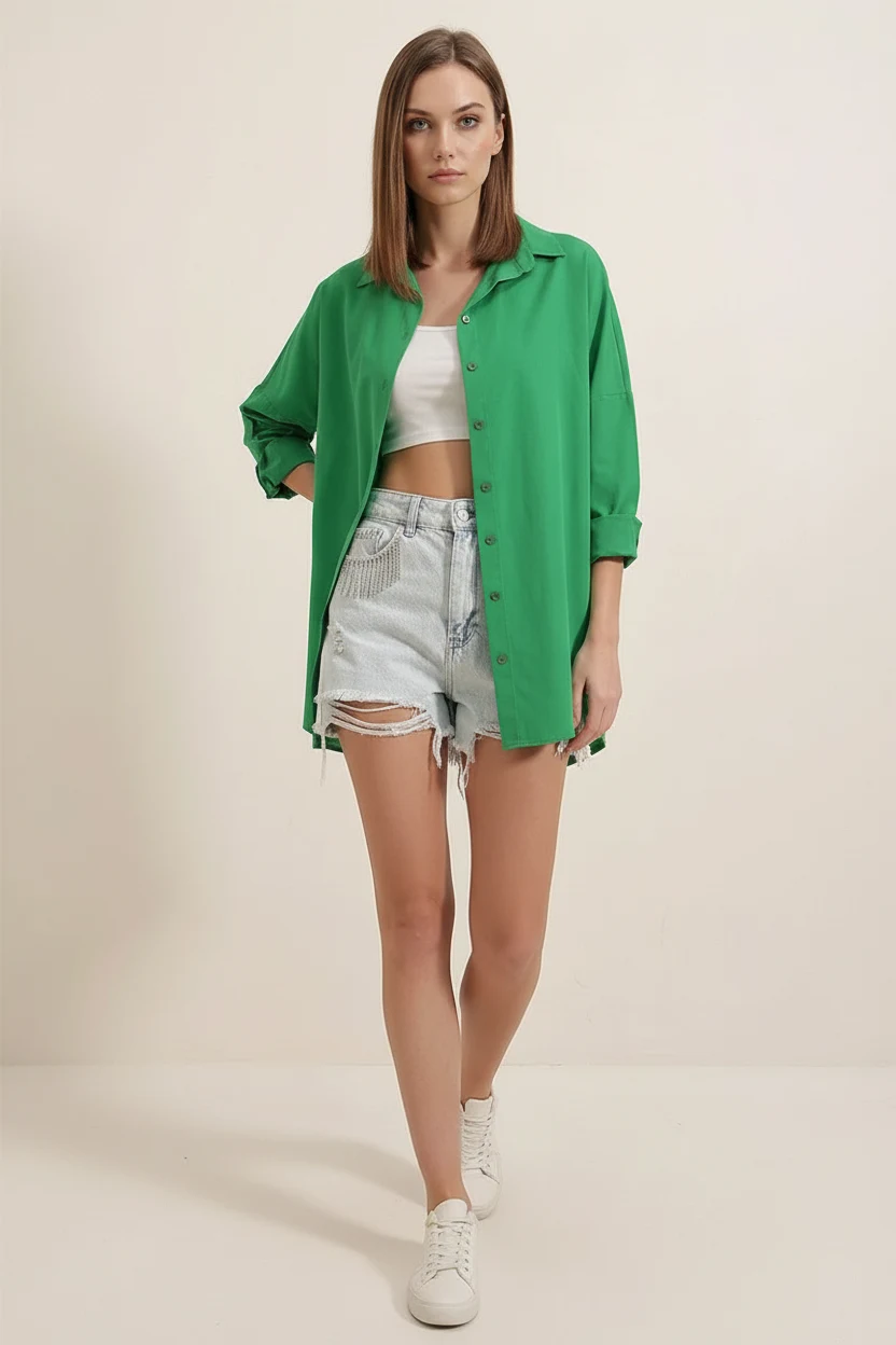 Kadın Oversize Kesim Basic Pamuklu Yeşil Gömlek