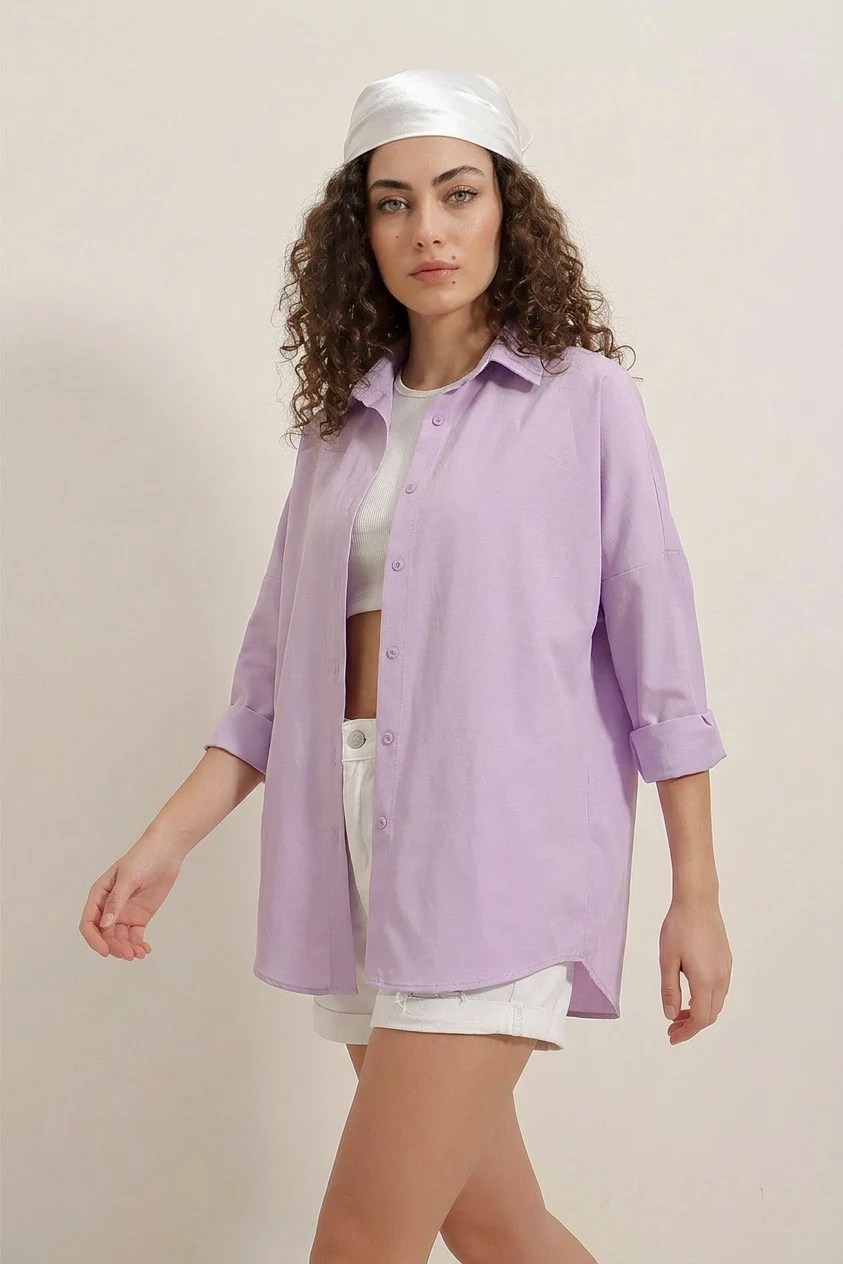 Kadın Oversize Basic Pamuklu Lila Gömlek