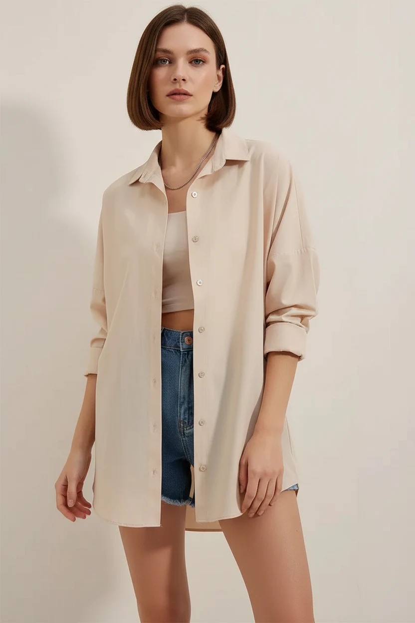 Kadın Oversize Basic Pamuklu Krem Gömlek