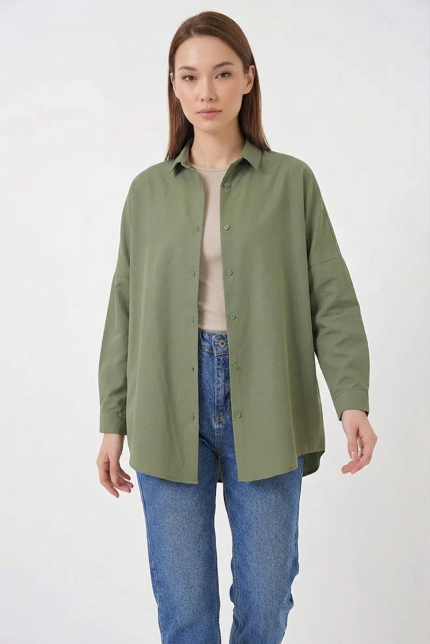 Kadın Oversize Kesim Basic Pamuklu Açık Haki Gömlek