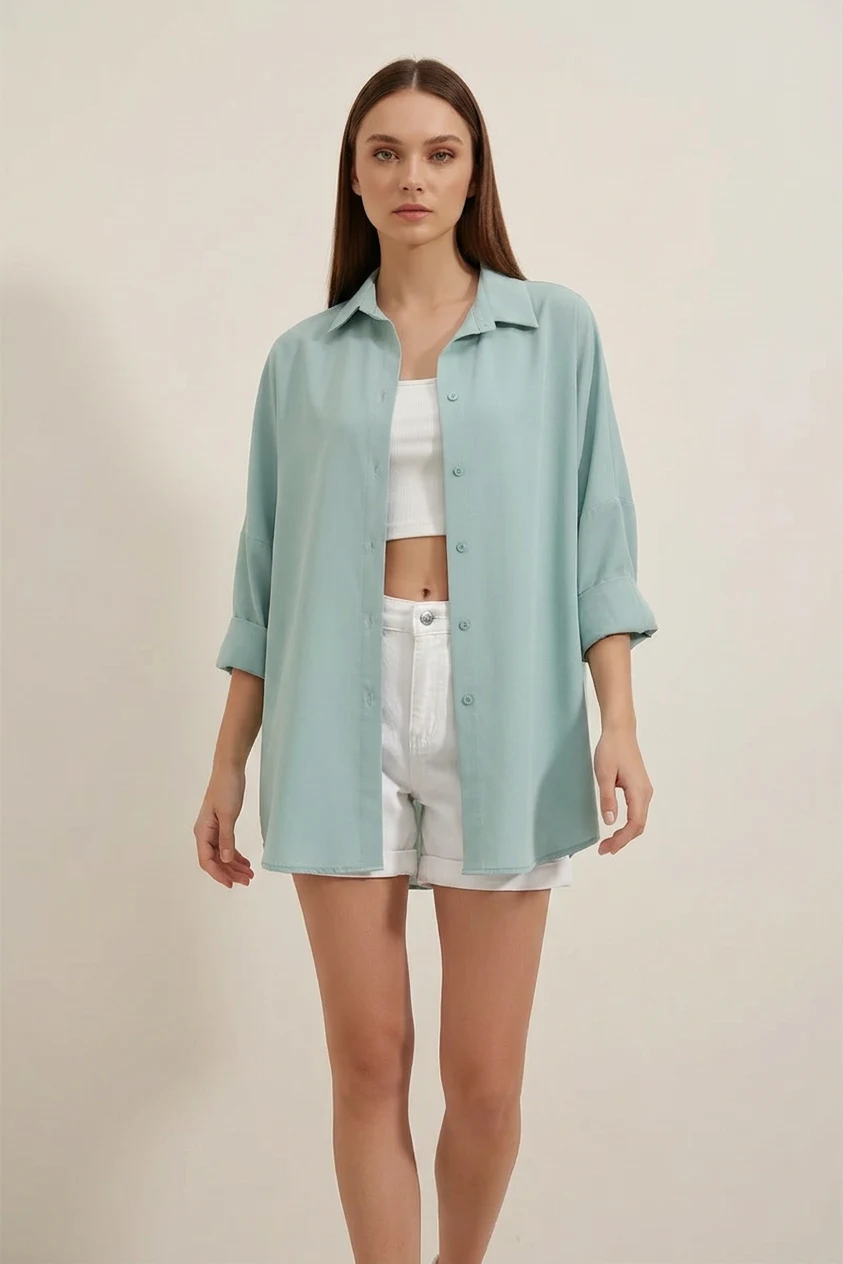 Kadın Oversize Basic Pamuklu Su Yeşili Gömlek