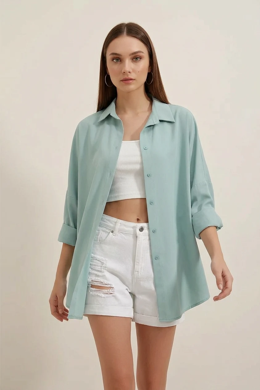 Kadın Oversize Basic Pamuklu Su Yeşili Gömlek